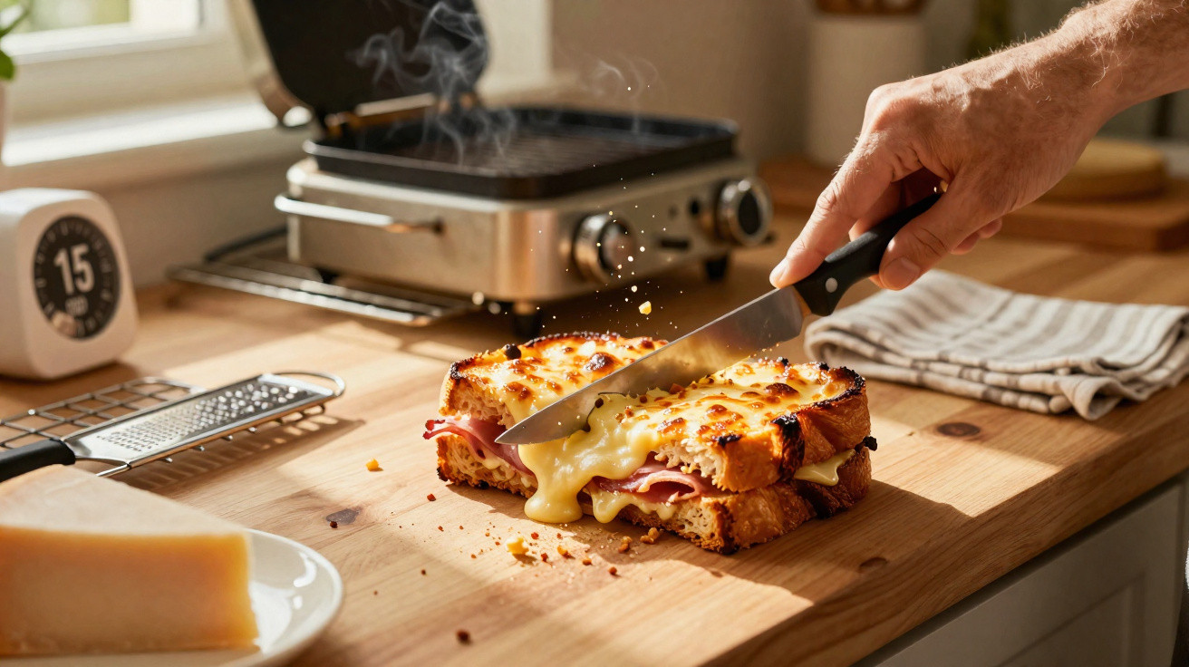 Pessoa a cortar tosta quente com queijo derretido e fiambre numa placa de madeira na cozinha.