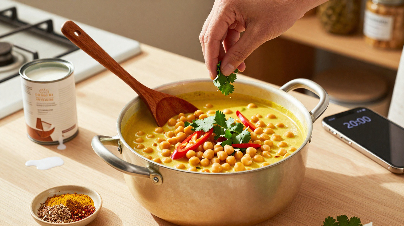Mãos a polvilhar coentros numa panela com caril de grão e malagueta numa cozinha.