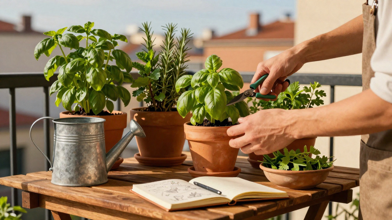 Pessoa a cuidar de plantas aromáticas em vasos num terraço ensolarado, com regador e caderno aberto.