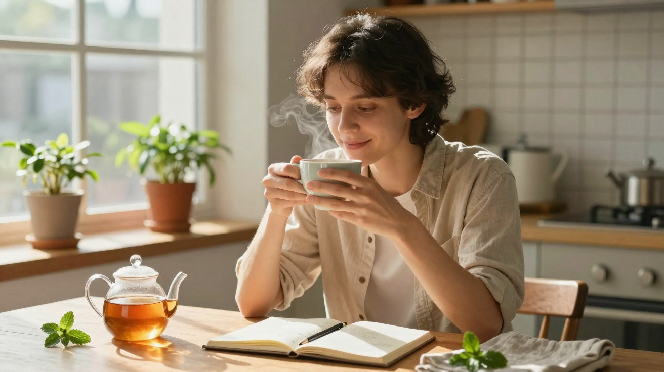 Pessoa sentada numa cozinha a beber chá quente, com um livro aberto à sua frente e plantas na janela.