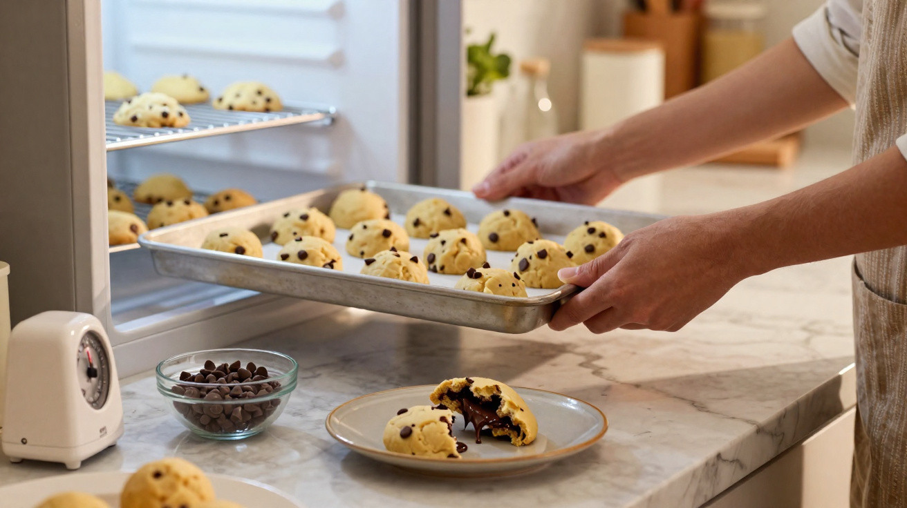 Pessoa a tirar tabuleiro com bolinhas de chocolate para bolachas do forno numa cozinha.