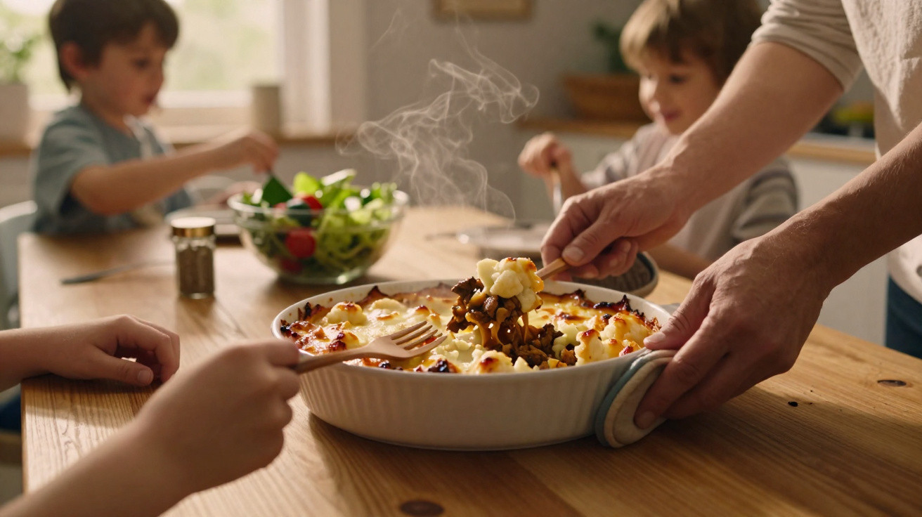 Pessoa a servir caçarola com puré de batata e carne, crianças sentadas à mesa com salada e temperos.