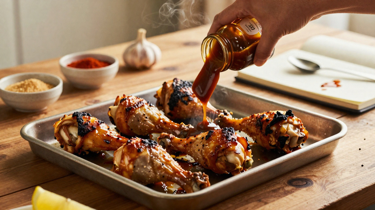Frango assado com molho a ser servido numa travessa de metal com ingredientes ao fundo numa mesa de madeira.