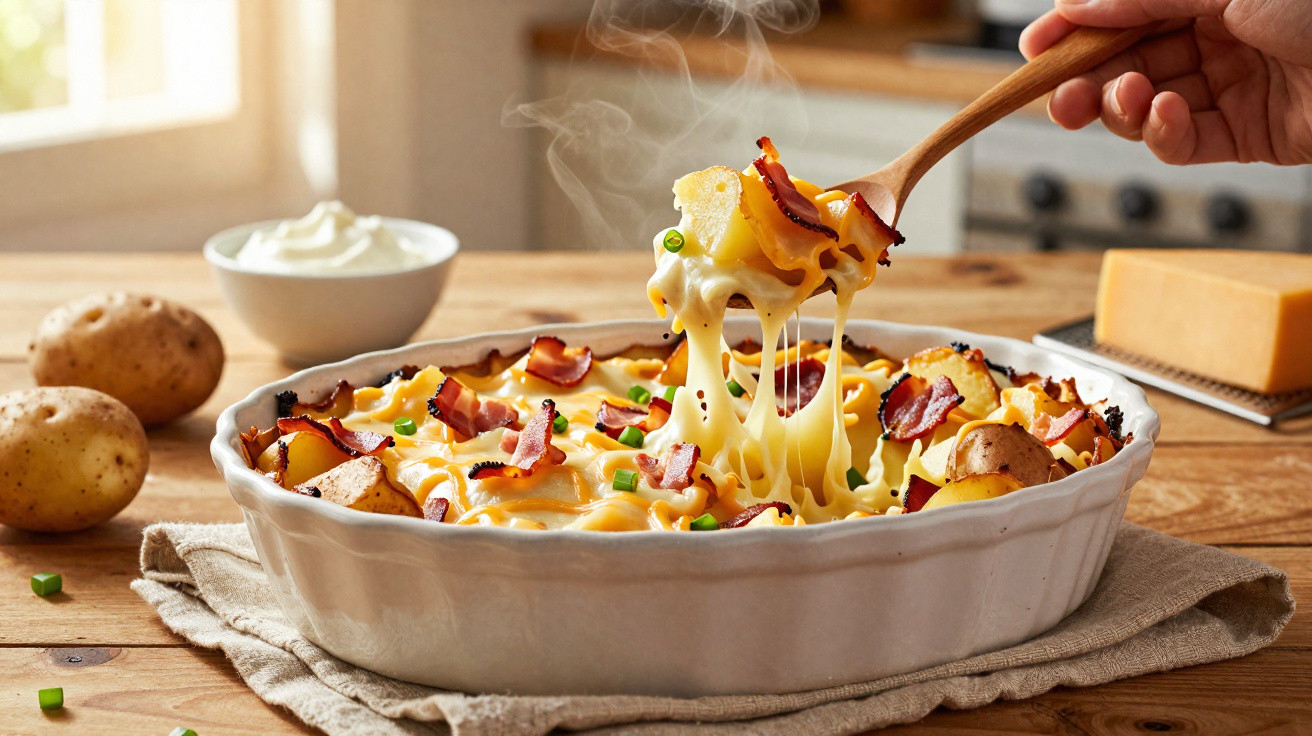Prato de batatas gratinadas com queijo e bacon, com fumaça a sair, em cima de uma mesa de madeira.