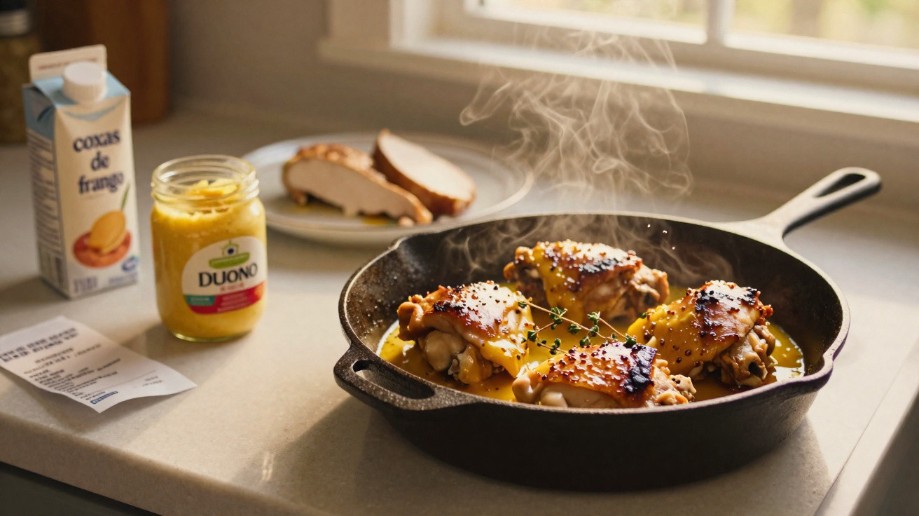 Frango a cozinhar numa frigideira com mostarda, carton de creme e pão à frente numa bancada iluminada.