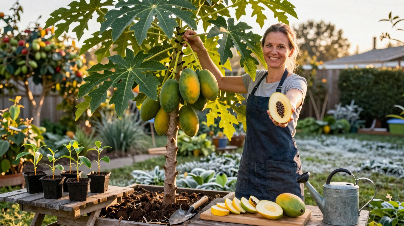 Mulher sorridente a mostrar um papaia cortado num jardim com árvore de papaia e ferramentas de jardinagem.