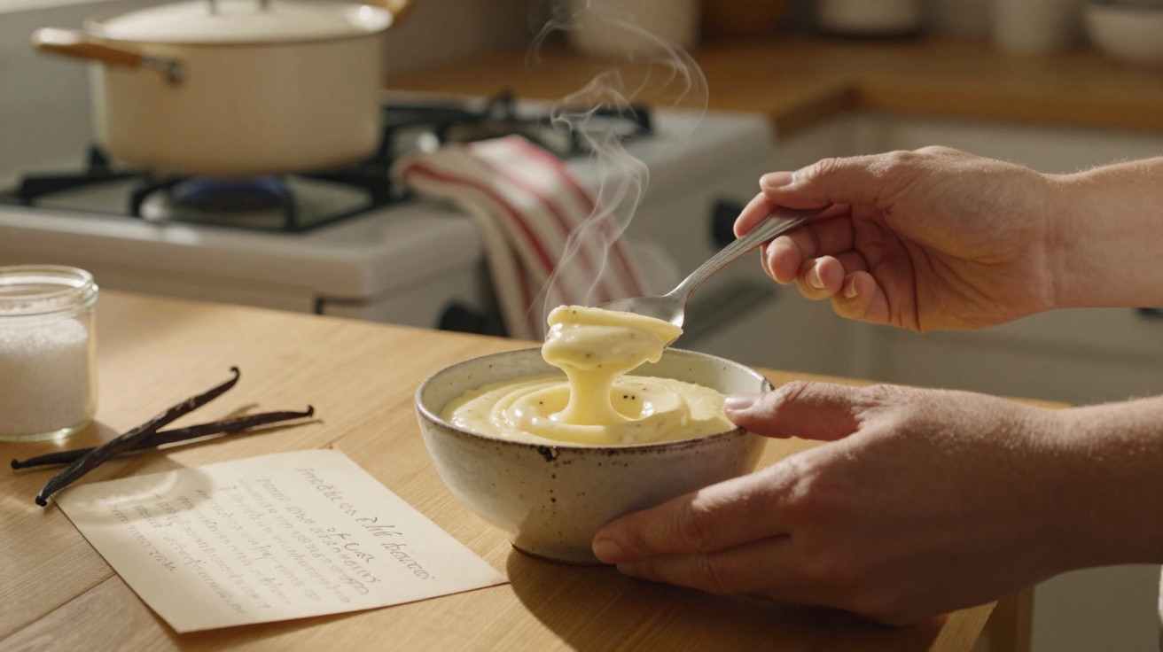 Mãos a servir pudim cremoso quente numa tigela, com fumo a sair, sobre mesa de cozinha em madeira.