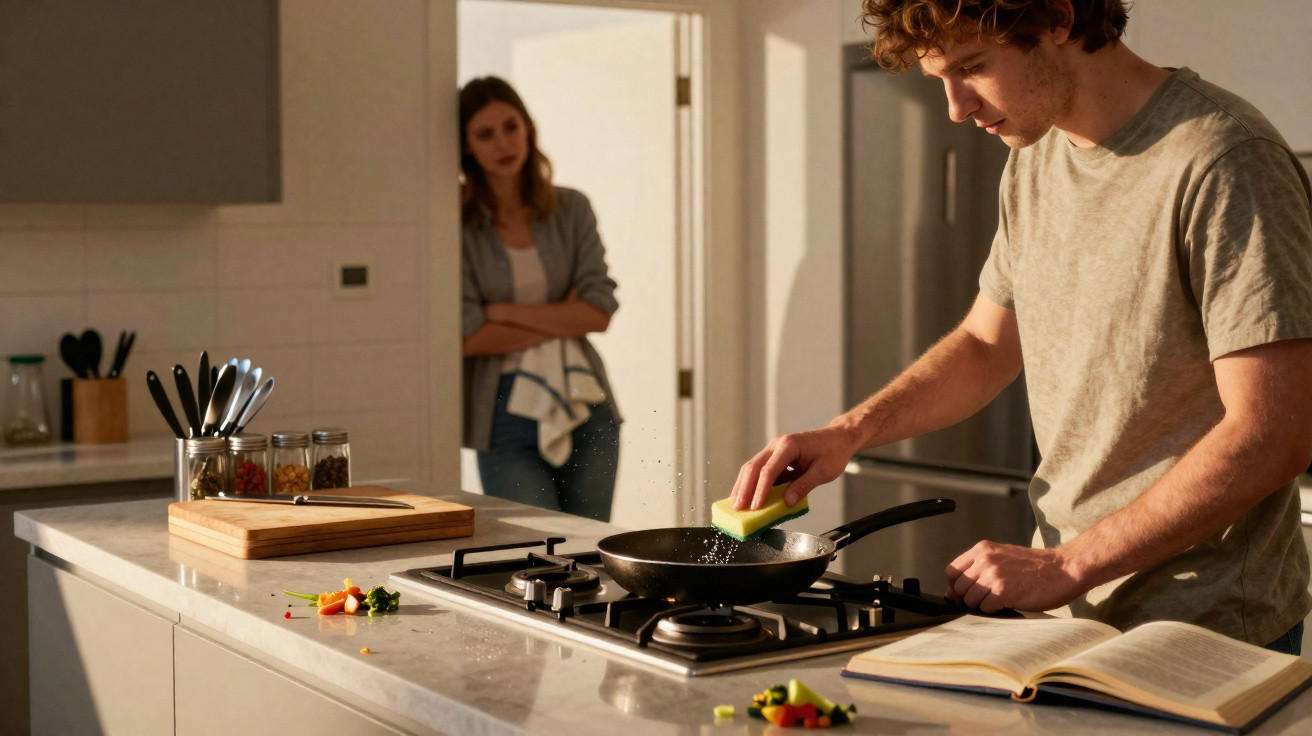 Homem a cozinhar e esfregar uma frigideira na cozinha enquanto mulher observa ao fundo com braços cruzados.