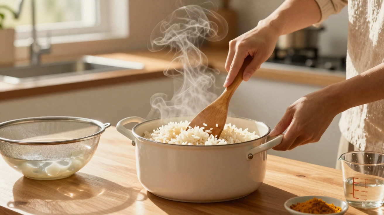 Pessoa a mexer arroz quente num tacho branco numa cozinha com luz natural e utensílios na bancada de madeira.
