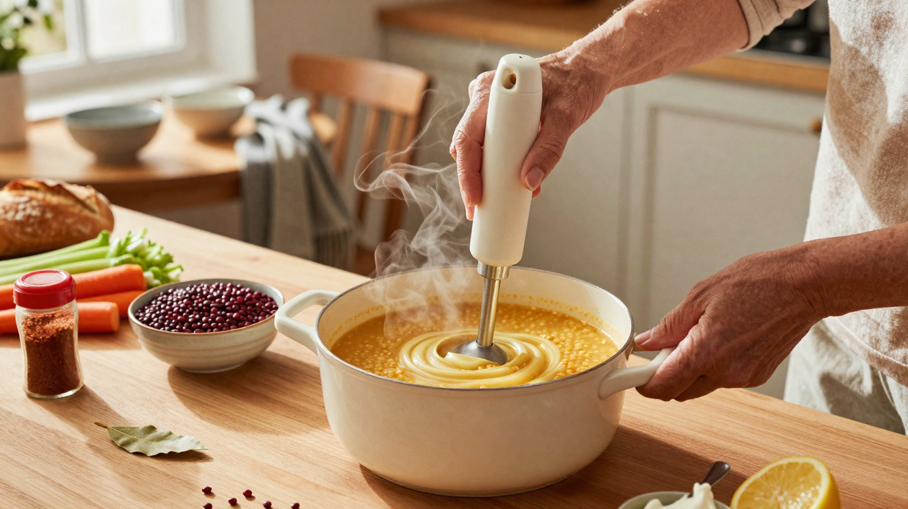 Pessoa a triturar sopa quente numa panela branca numa cozinha iluminada.