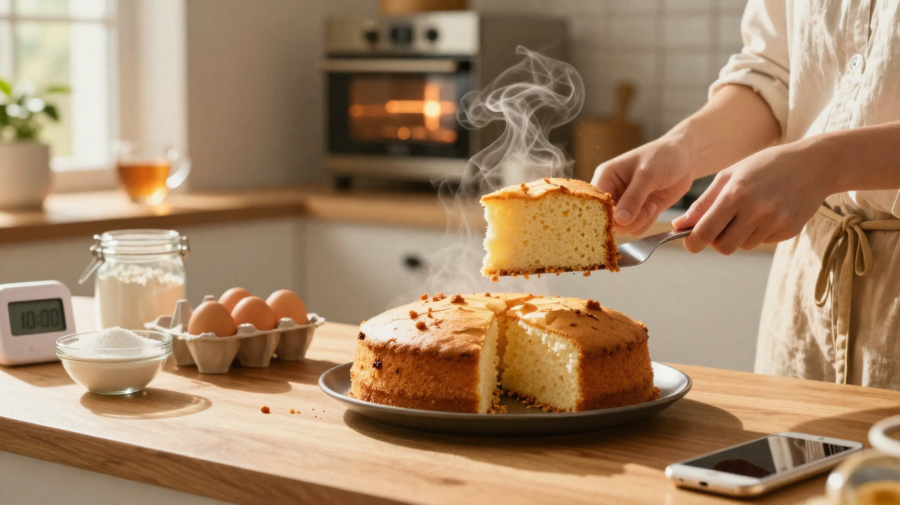 Pessoa a servir fatia de bolo caseiro quente numa cozinha luminosa com ingredientes e telemóvel na bancada.