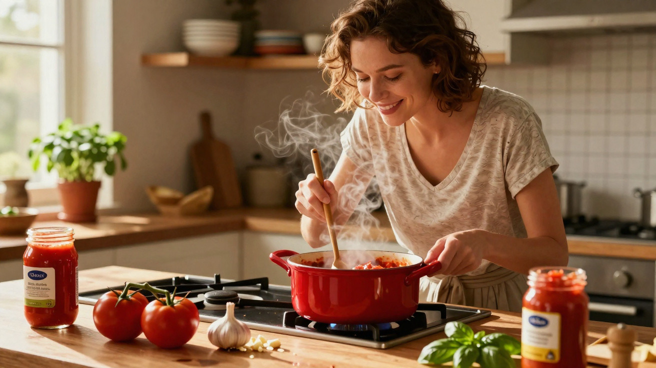 Mulher sorridente a cozinhar com panela vermelha num fogão na cozinha moderna iluminada.