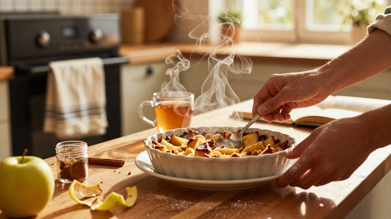 Mãos a servir uma sobremesa quente de maçã num tabuleiro branco numa cozinha luminosa com chá fumegante.