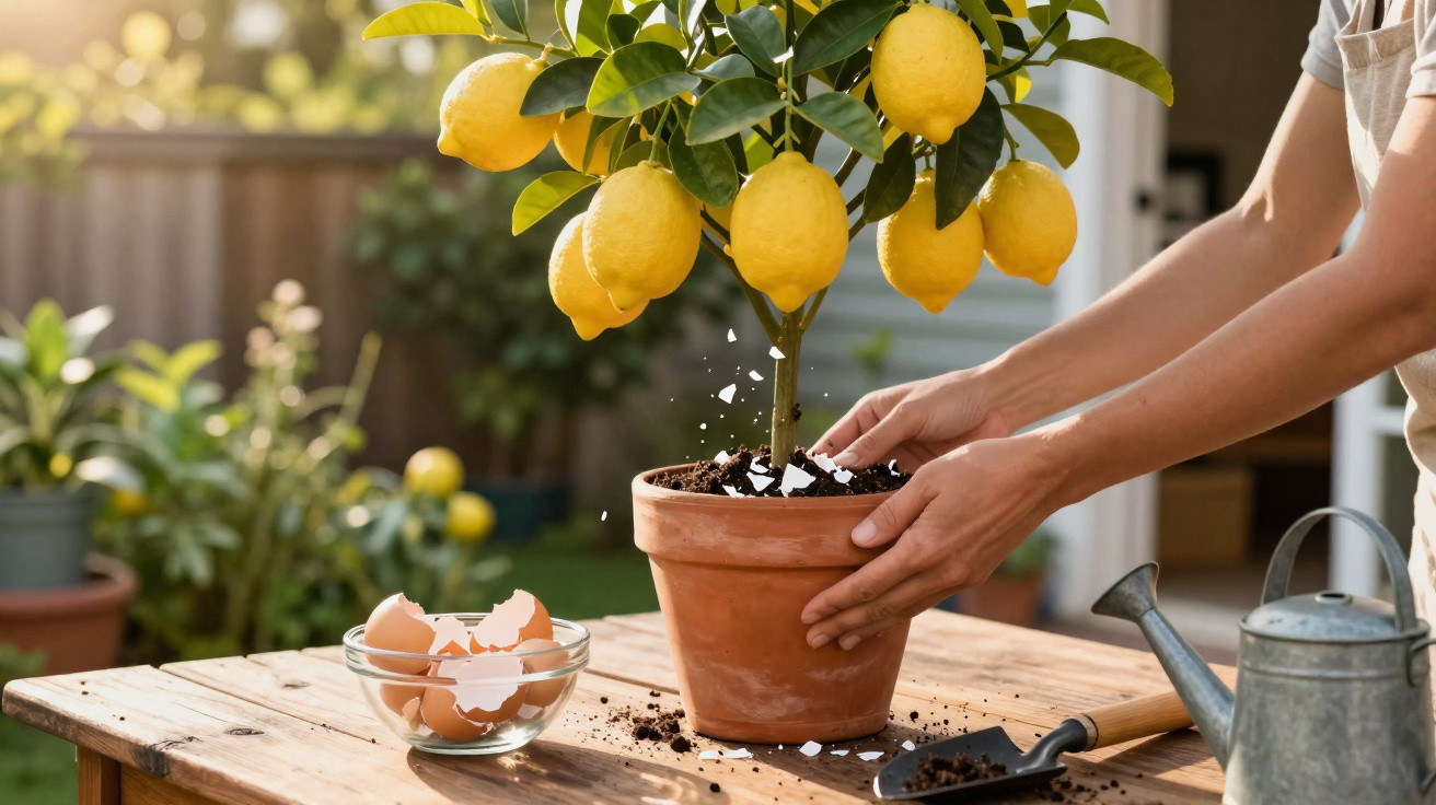 Pessoa a adubar limoeiro em vaso com cascas de ovos num jardim ensolarado.