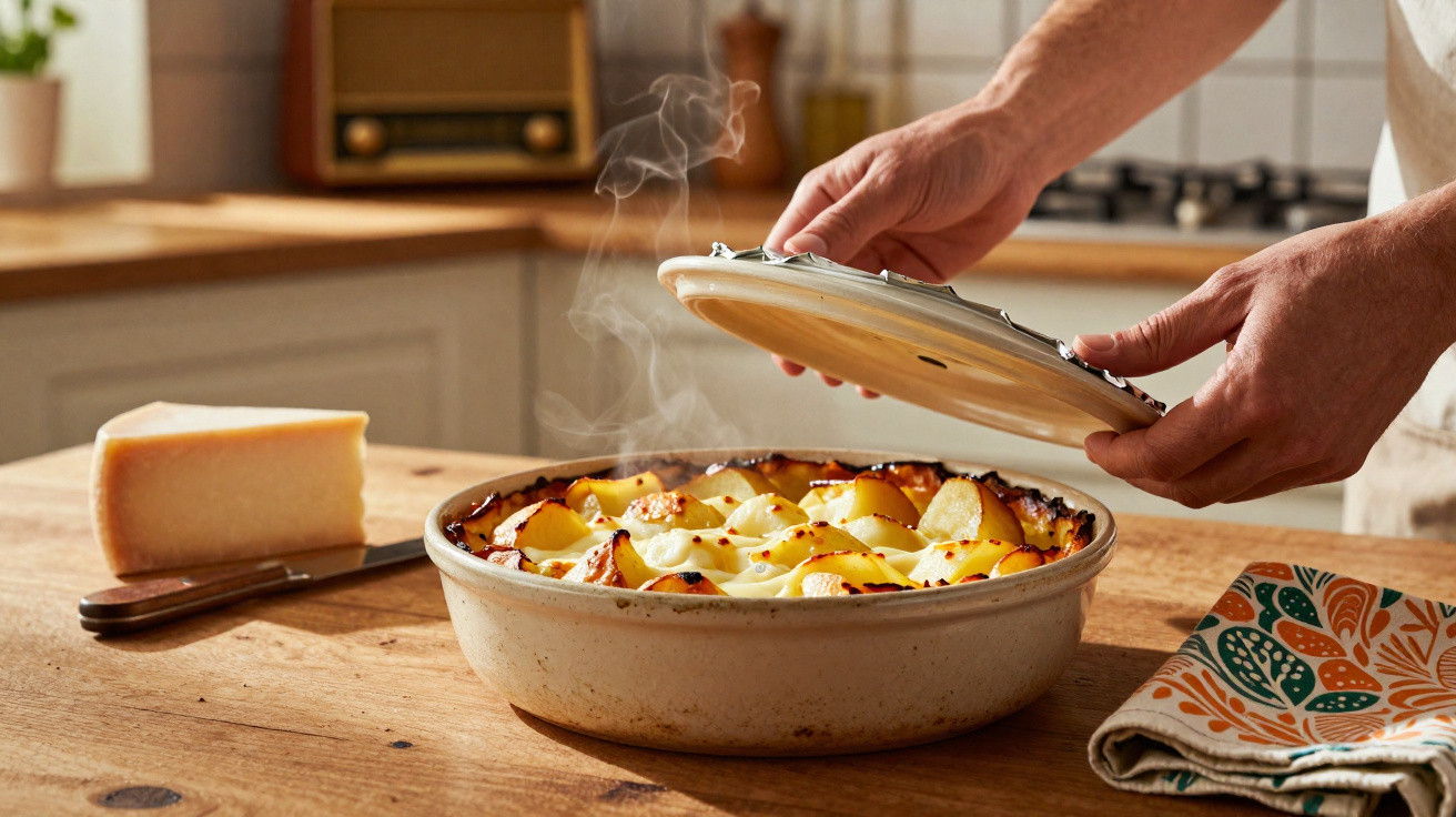 Prato de cerâmica com batatas gratinadas fumegantes e queijo na cozinha rústica.