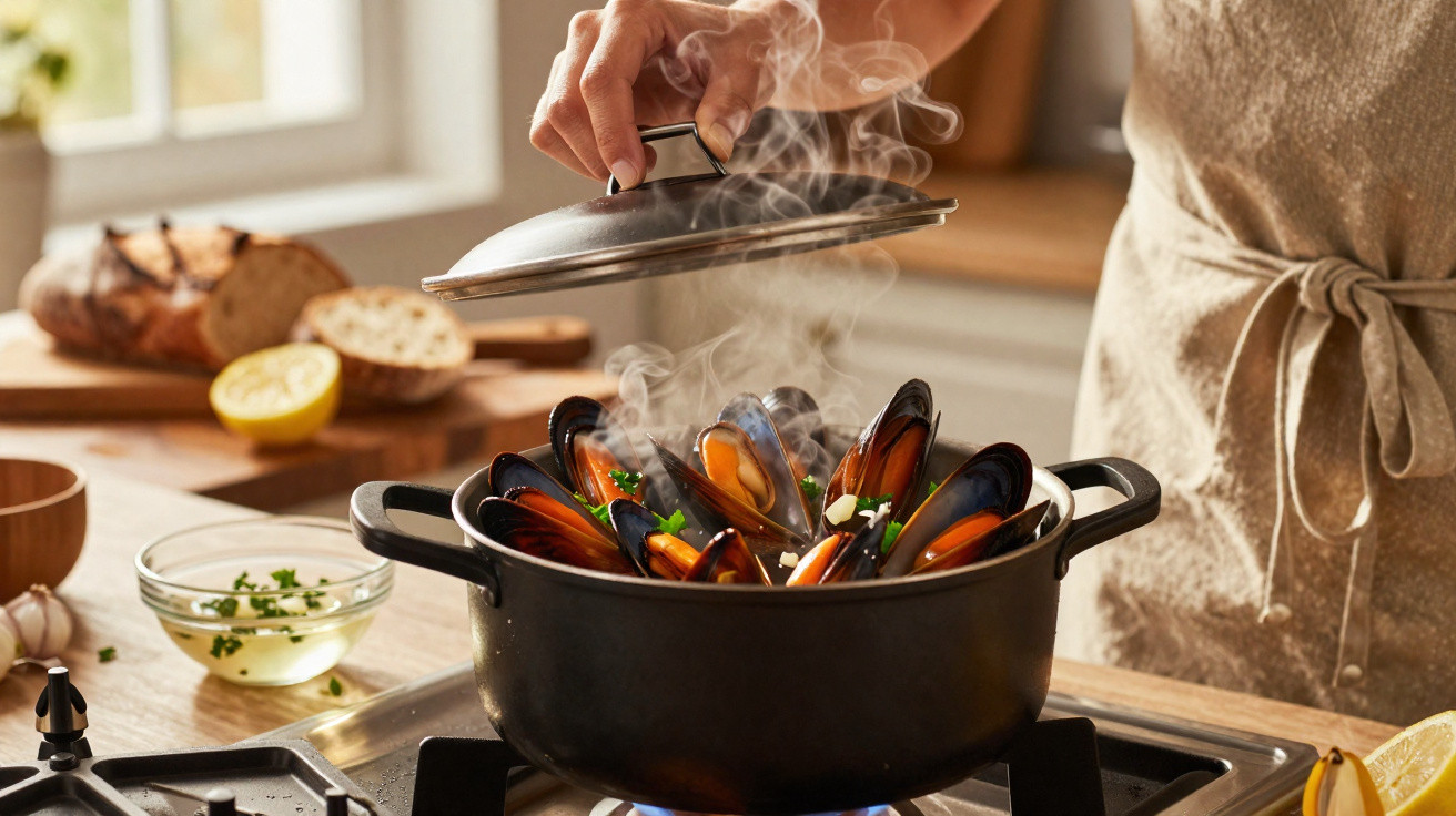 Pessoa a retirar tampa de panela com mexilhões cozinhando a vapor no fogão numa cozinha iluminada.