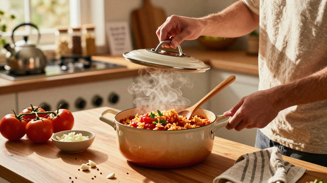Pessoa a levantar a tampa de um tacho com arroz e tomates a cozinhar numa cozinha iluminada.