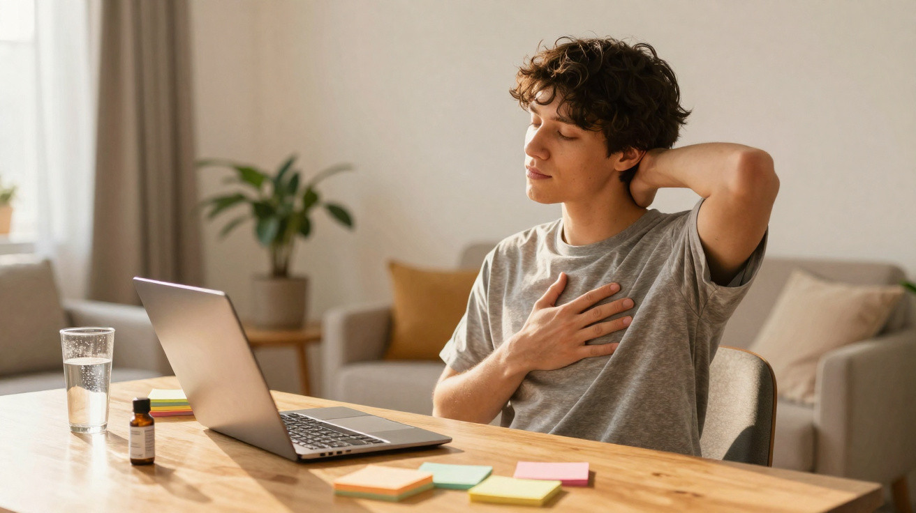 Jovem sentado a trabalhar num computador portátil, com expressão de desconforto e mão no pescoço.