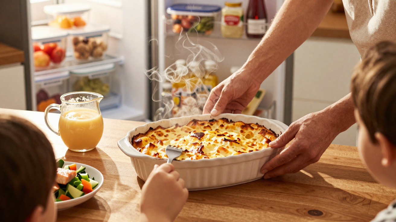 Prato fumegante de lasanha a ser colocado na mesa por uma pessoa, com crianças e comida ao redor.