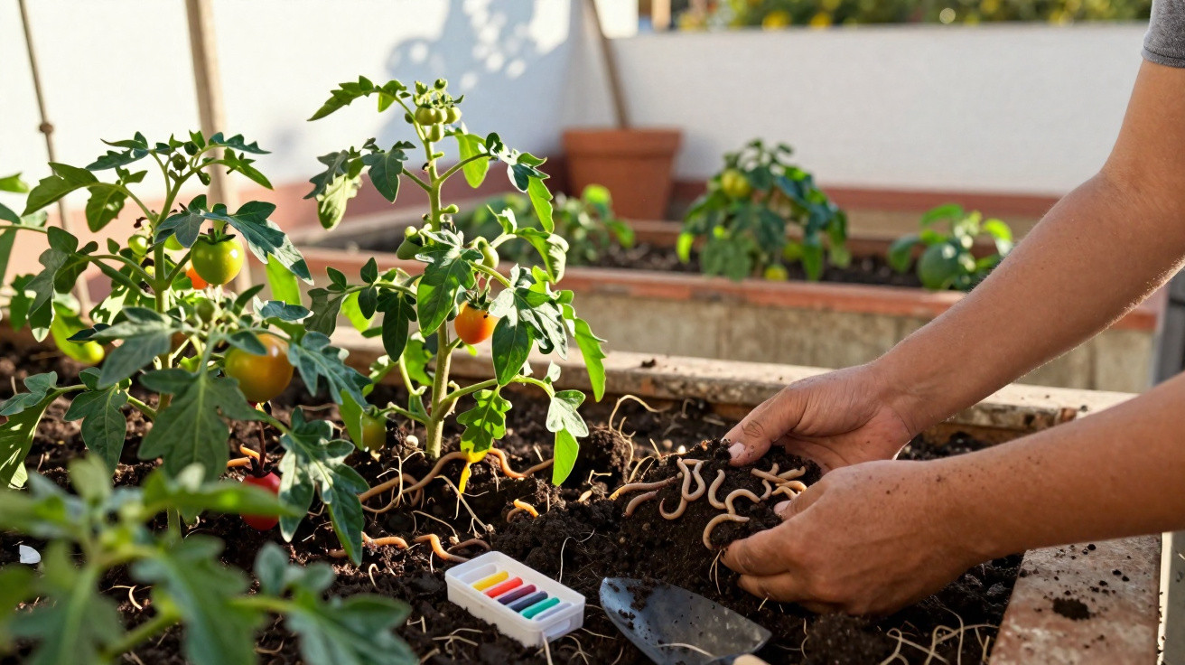 Mãos a distribuir minhocas na terra de um canteiro com plantas de tomateiros com frutos verdes e amarelos.