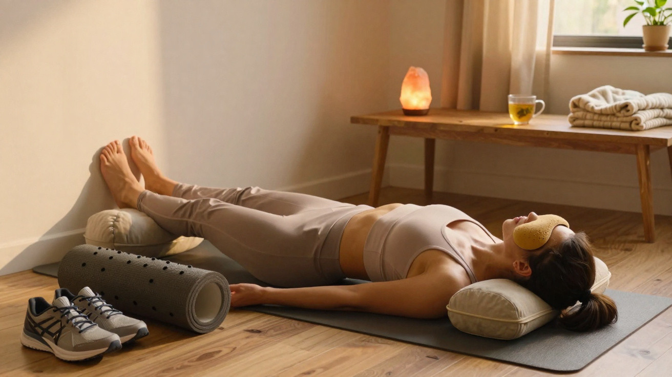 Mulher relaxa de olhos fechados com máscara de descanso, pernas elevadas e almofadas, num ambiente calmo e acolhedor.