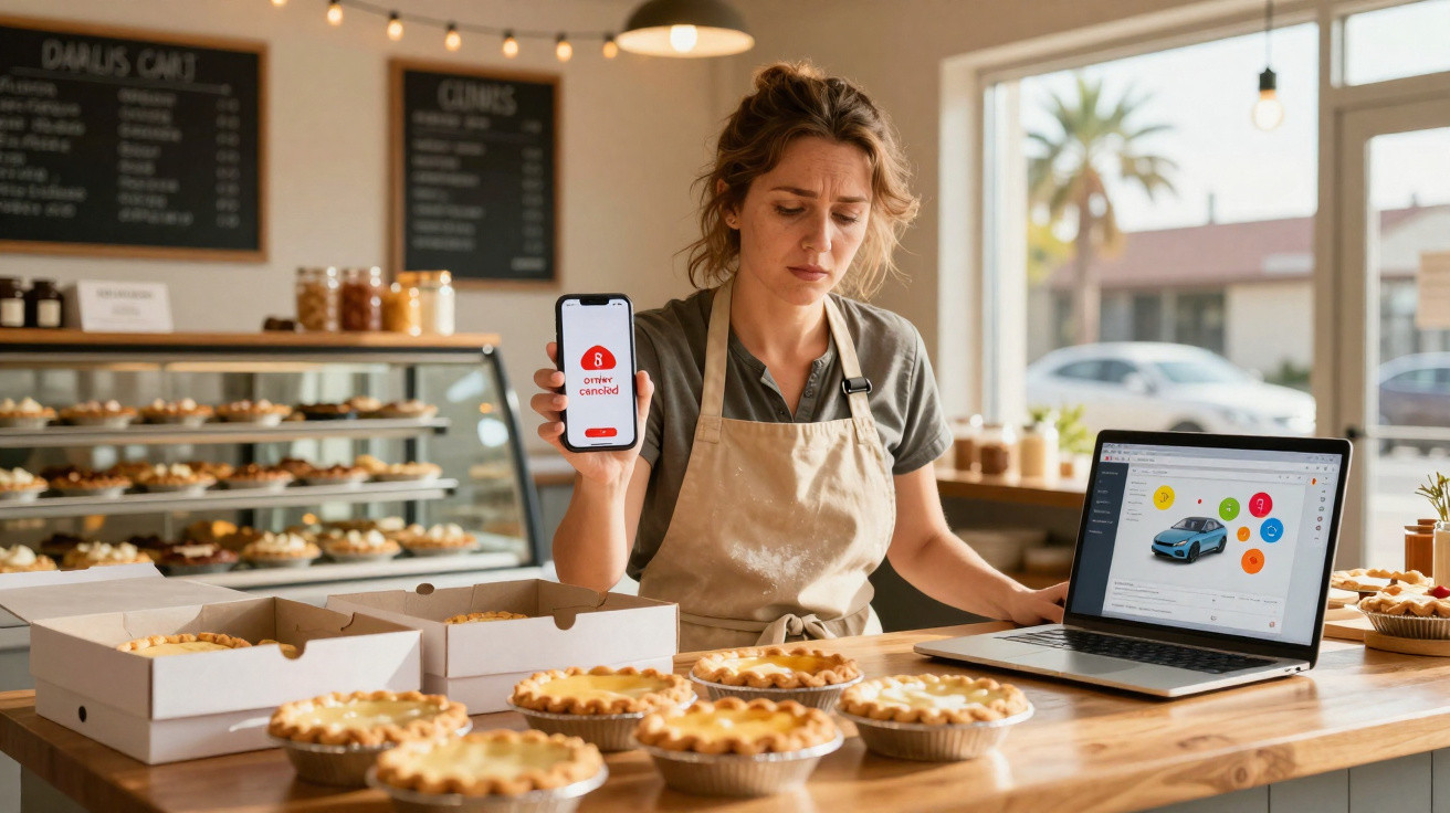 Mulher numa pastelaria mostra telemóvel com mensagem de encomenda cancelada, ao lado de computador e tartes.