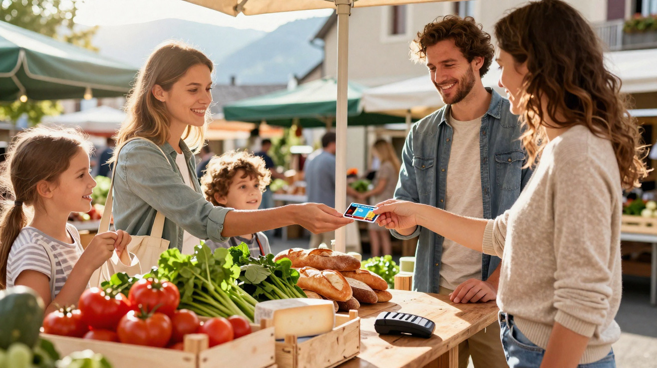 Família a pagar com cartão num mercado ao ar livre com frutas, legumes e pão frescos à venda.