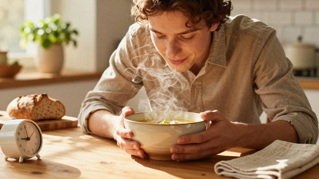 Pessoa a cheirar uma tigela de sopa quente numa cozinha com pão e um relógio sobre a mesa de madeira.