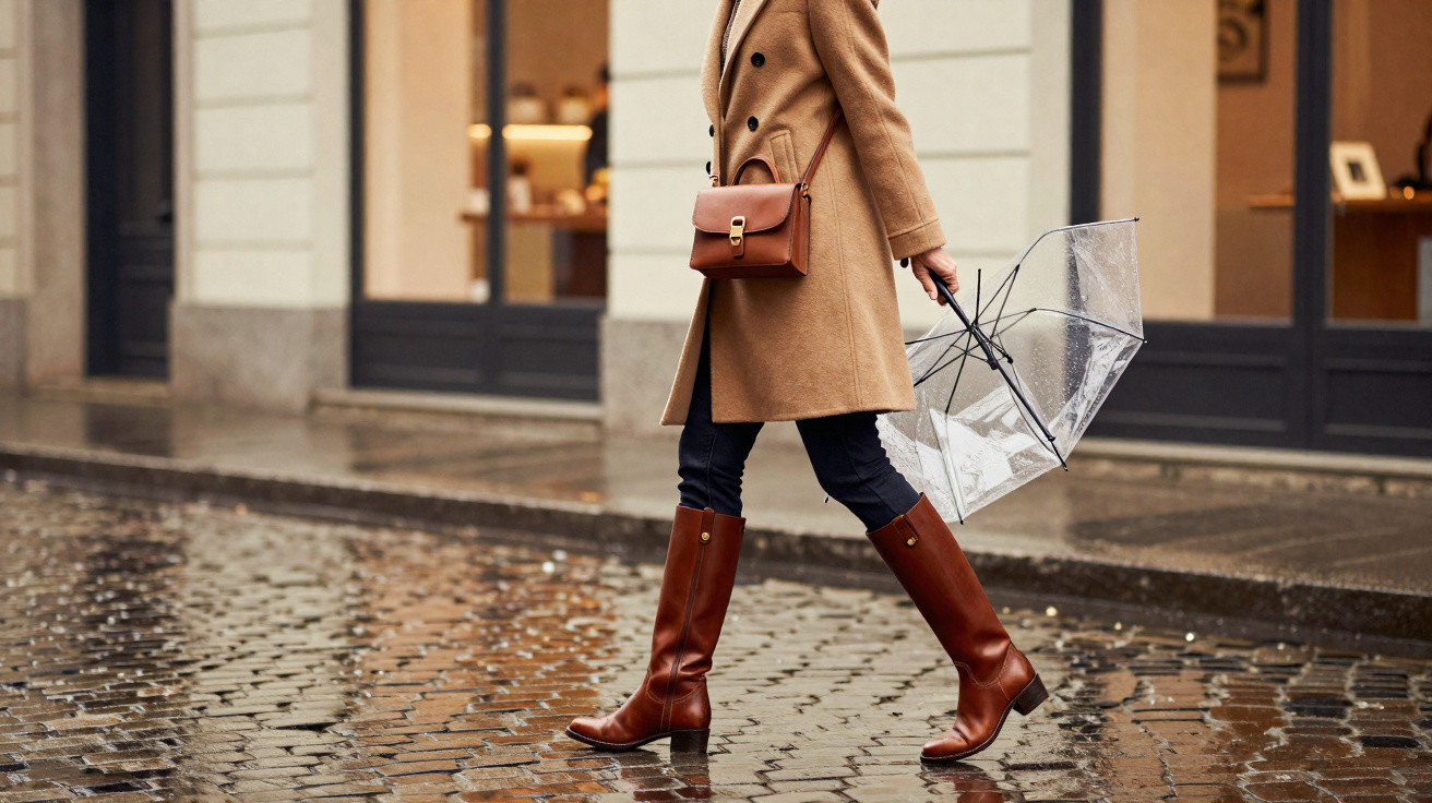 Pessoa a caminhar numa rua molhada com botas castanhas, casaco bege, mala castanha e guarda-chuva transparente.