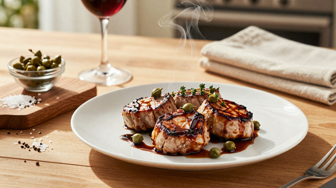Três medalhões de carne com molho escuro, alcaparras e ervas frescas, em prato branco, com vinho tinto ao fundo.