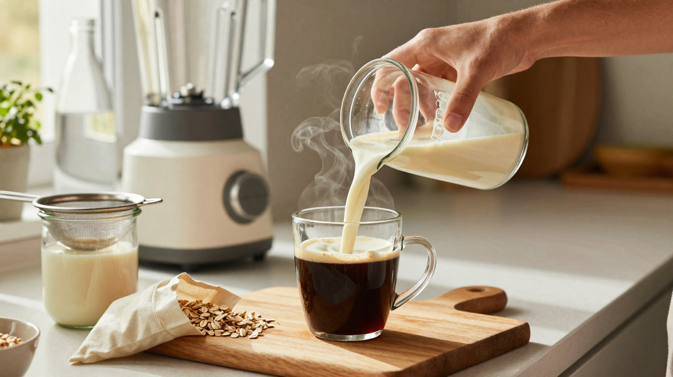 Pessoa a verter leite vegetal quente num chávena com café numa cozinha moderna.