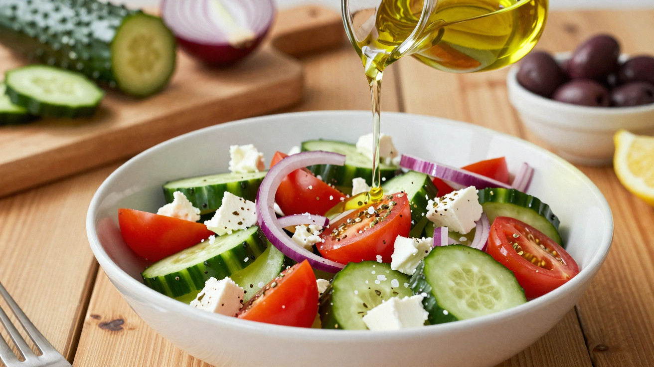 Salada grega com tomates, pepino, cebola roxa, queijo feta e azeite a ser derramado numa taça branca.