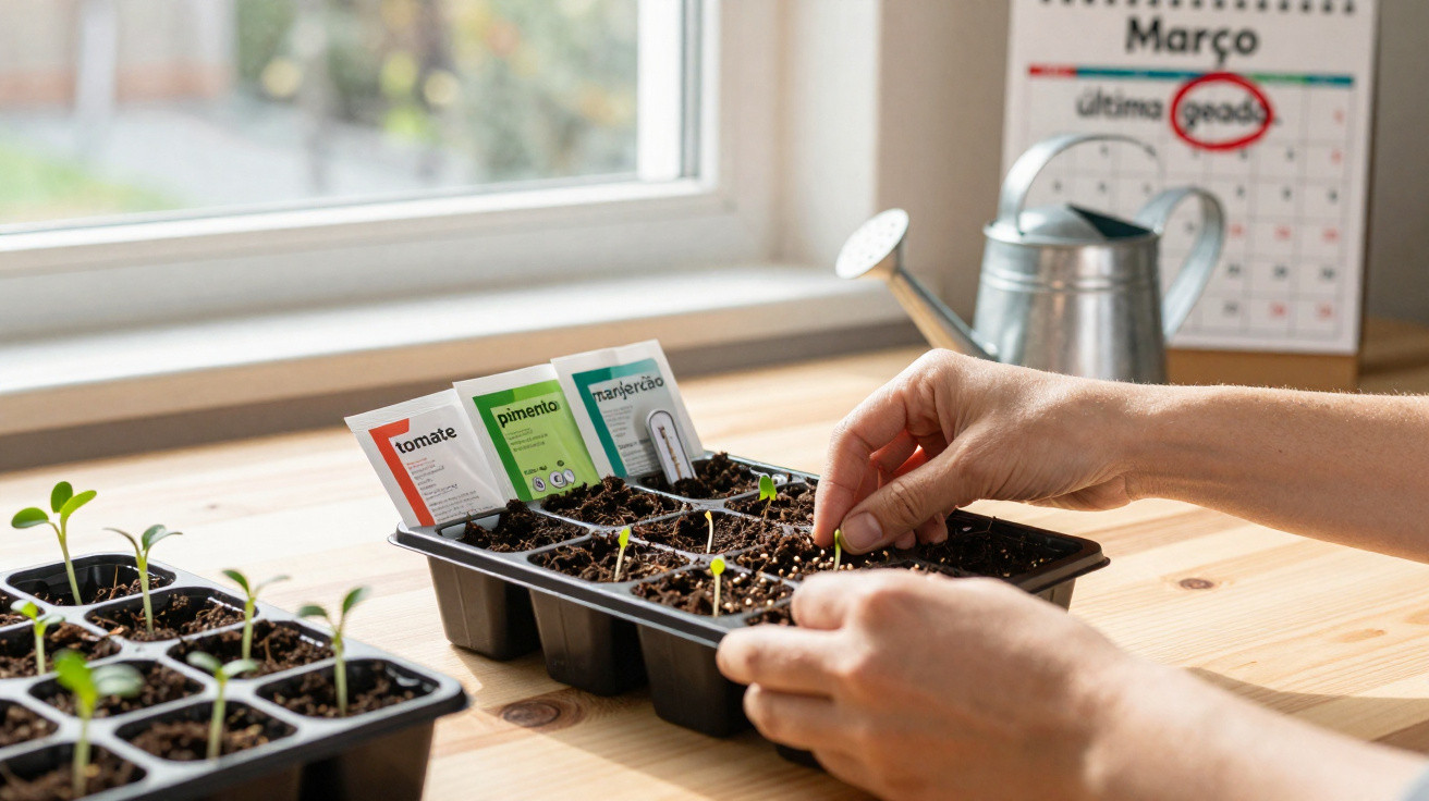 Mãos a transplantar pequenas plantas em tabuleiro com etiquetas de sementes de tomate, pimento e manjericão, num interior ilu
