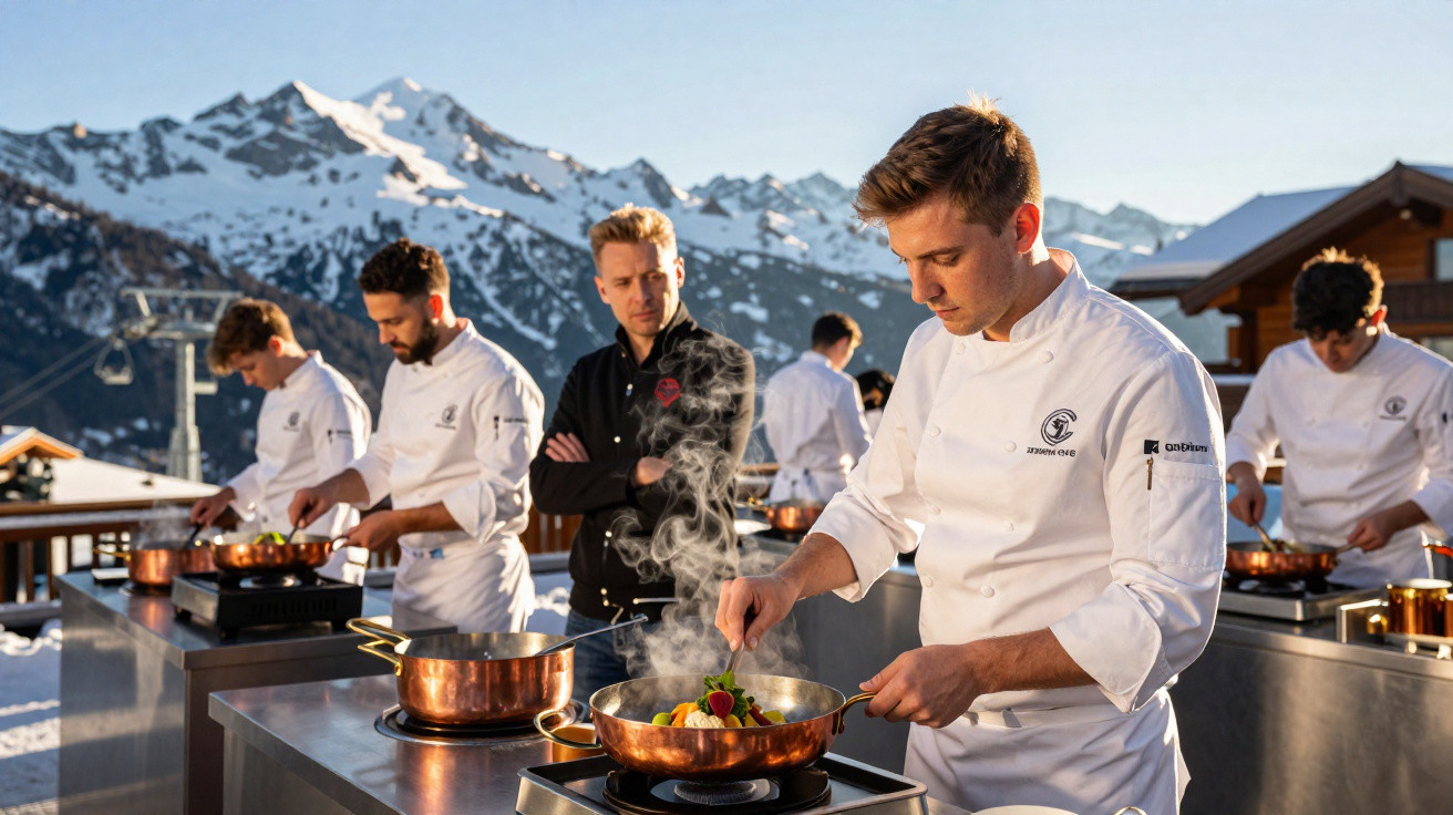 Chefs a cozinhar ao ar livre numa cozinha de montanha com neve e picos ao fundo.