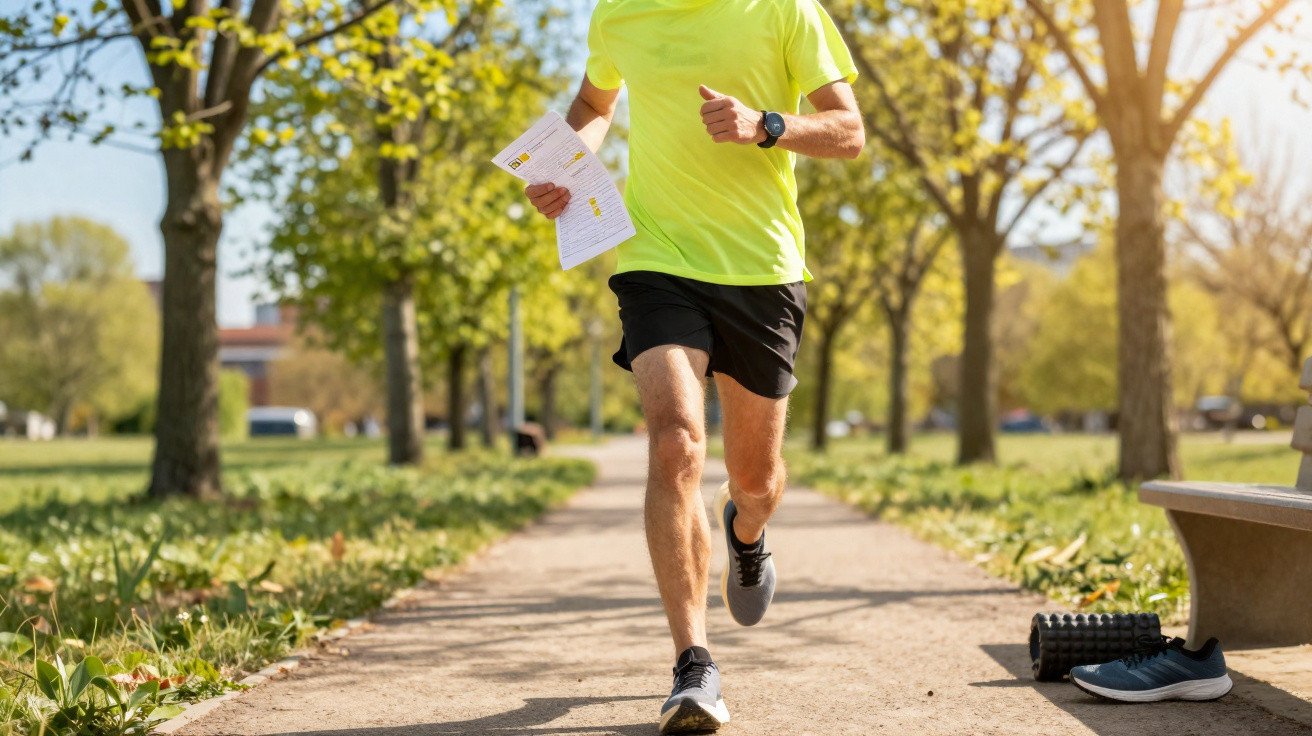 Pessoa a correr num parque com roupa desportiva, segurando um papel, num dia ensolarado.