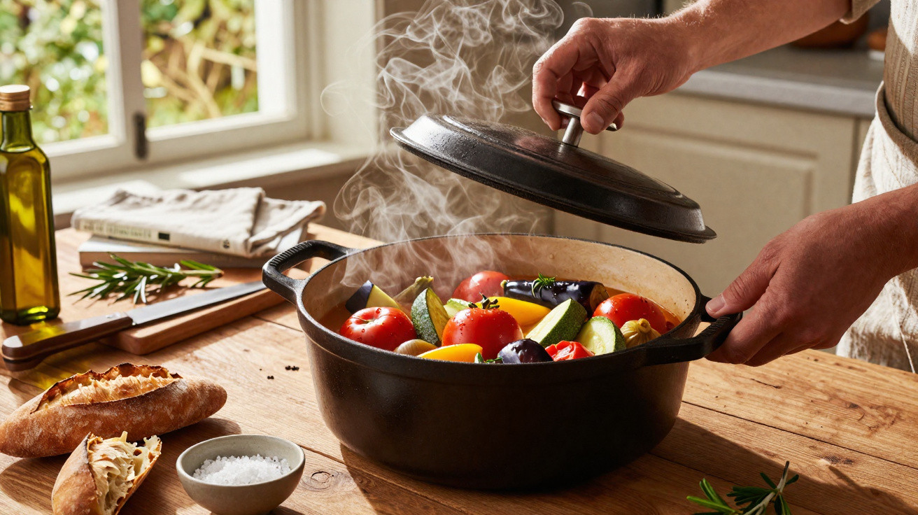 Pessoa a levantar tampa de panela com legumes e vapor numa cozinha iluminada com pão e azeite na mesa.