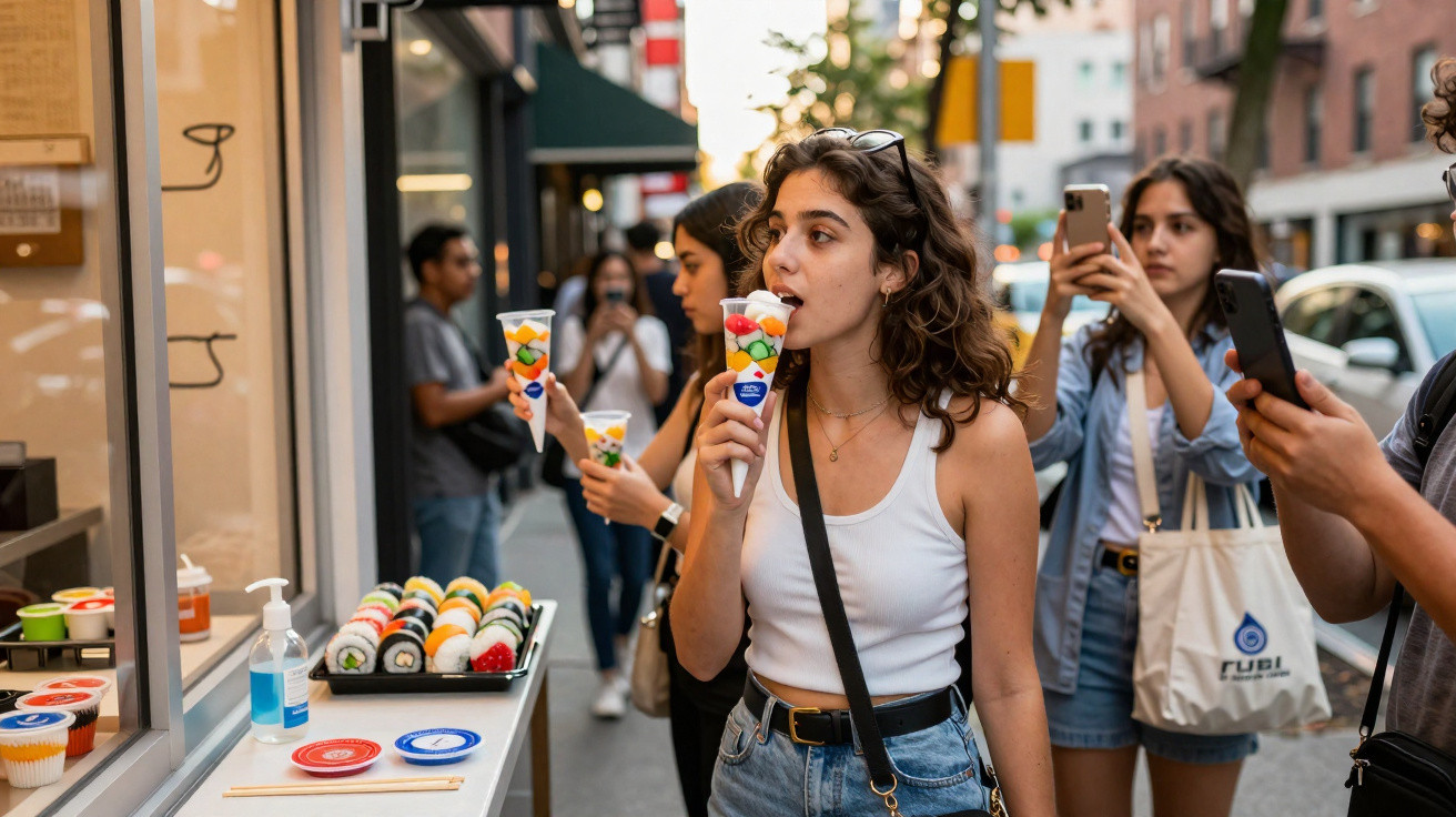 Jovens provam comida colorida em cones, tirando fotos e a passear numa rua urbana movimentada.