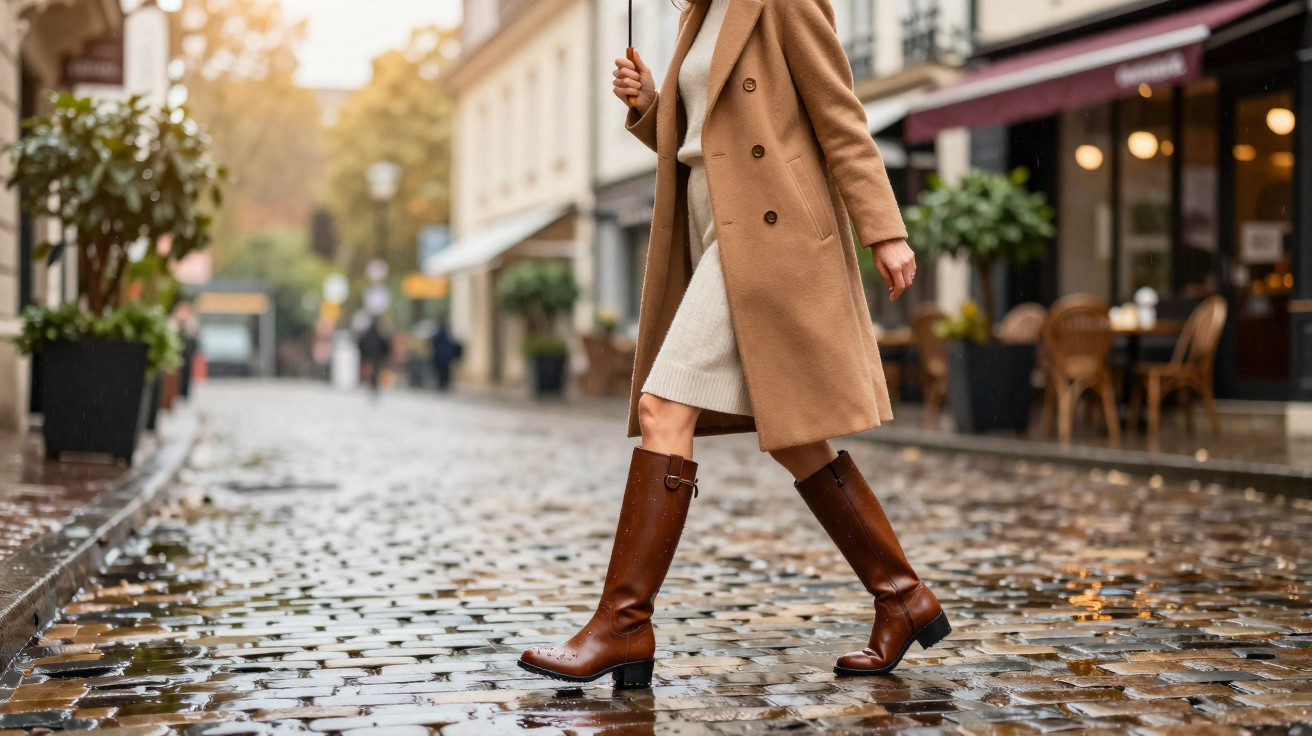 Mulher com casaco castanho e botas a caminhar numa rua de calçada molhada numa tarde chuvosa.