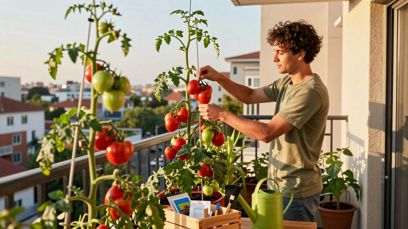 Homem colhe tomates maduros numa varanda com plantas numa tarde ensolarada.