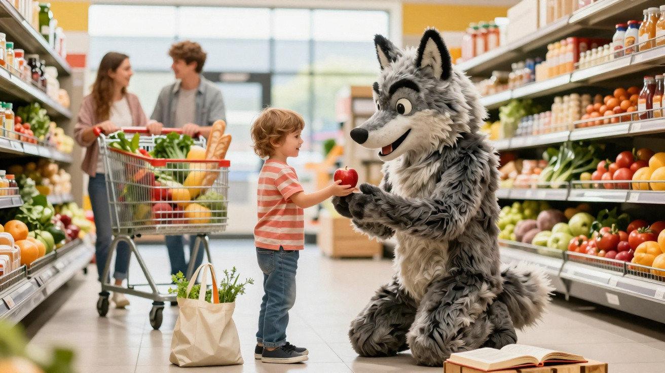 Criança a receber uma maçã de uma pessoa com fato de lobo num supermercado, com duas pessoas ao fundo.