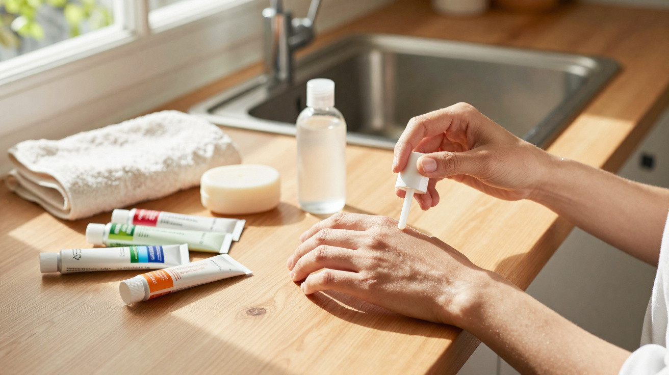 Pessoa a aplicar soro facial numa mão, com toalha, sabonete e produtos de skincare numa bancada de cozinha.