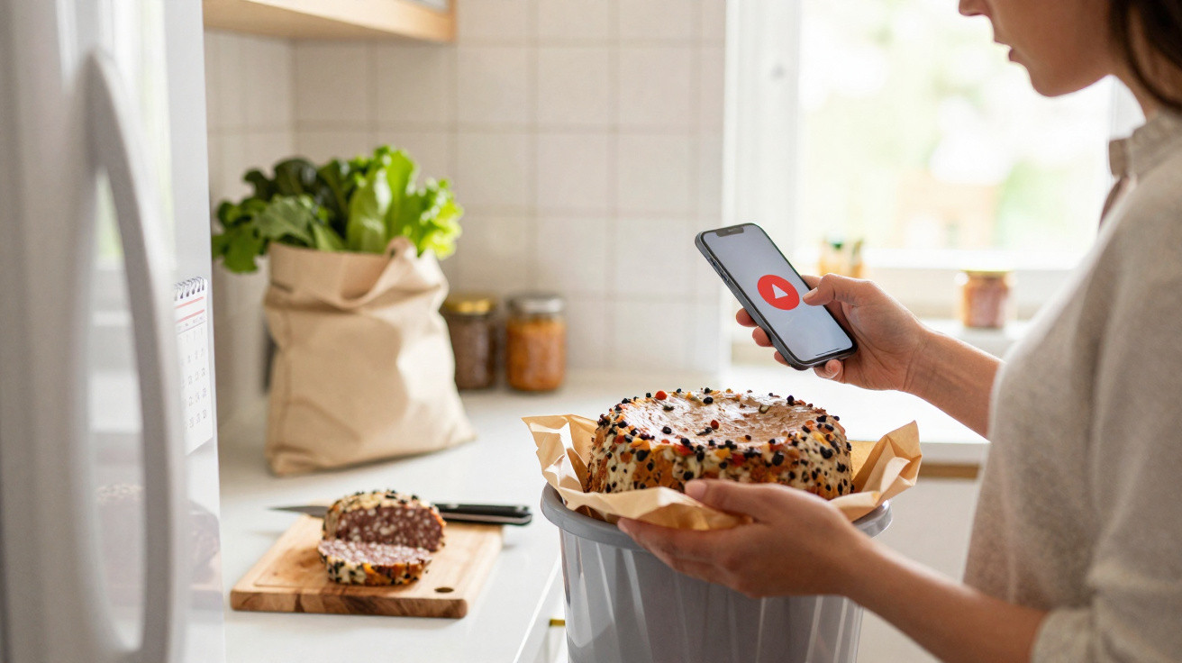 Pessoa a tirar foto de bolo no lixo com smartphone numa cozinha moderna.