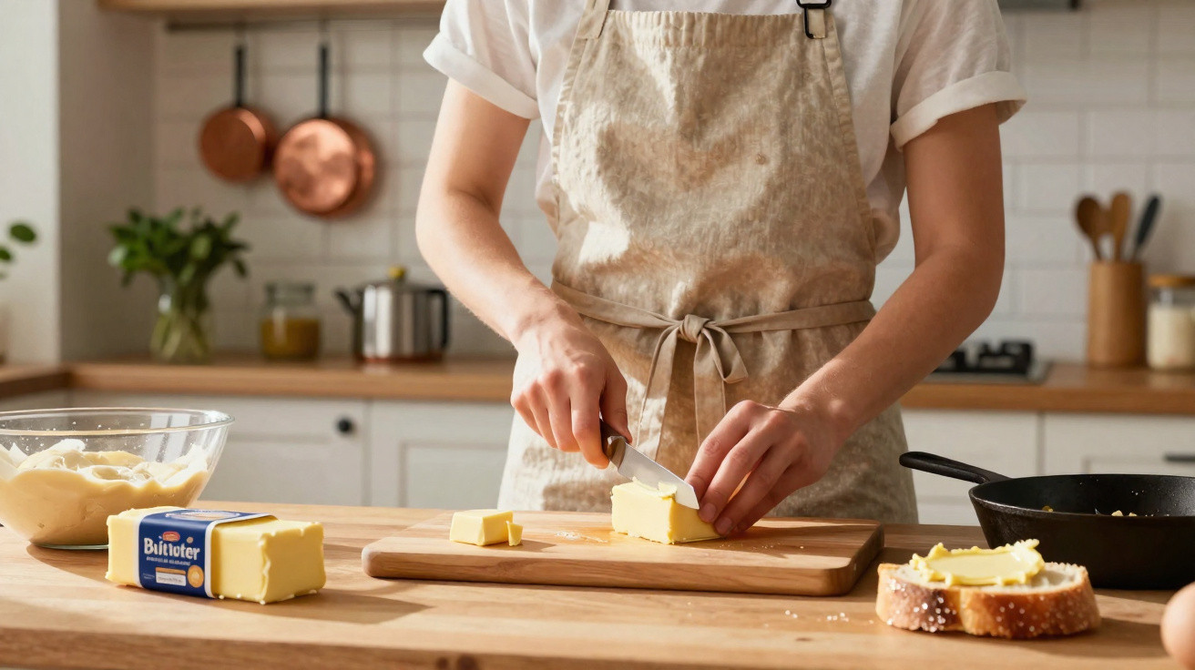 Pessoa a cortar manteiga numa tábua de madeira numa cozinha com pão, frigideira e taça com massa.