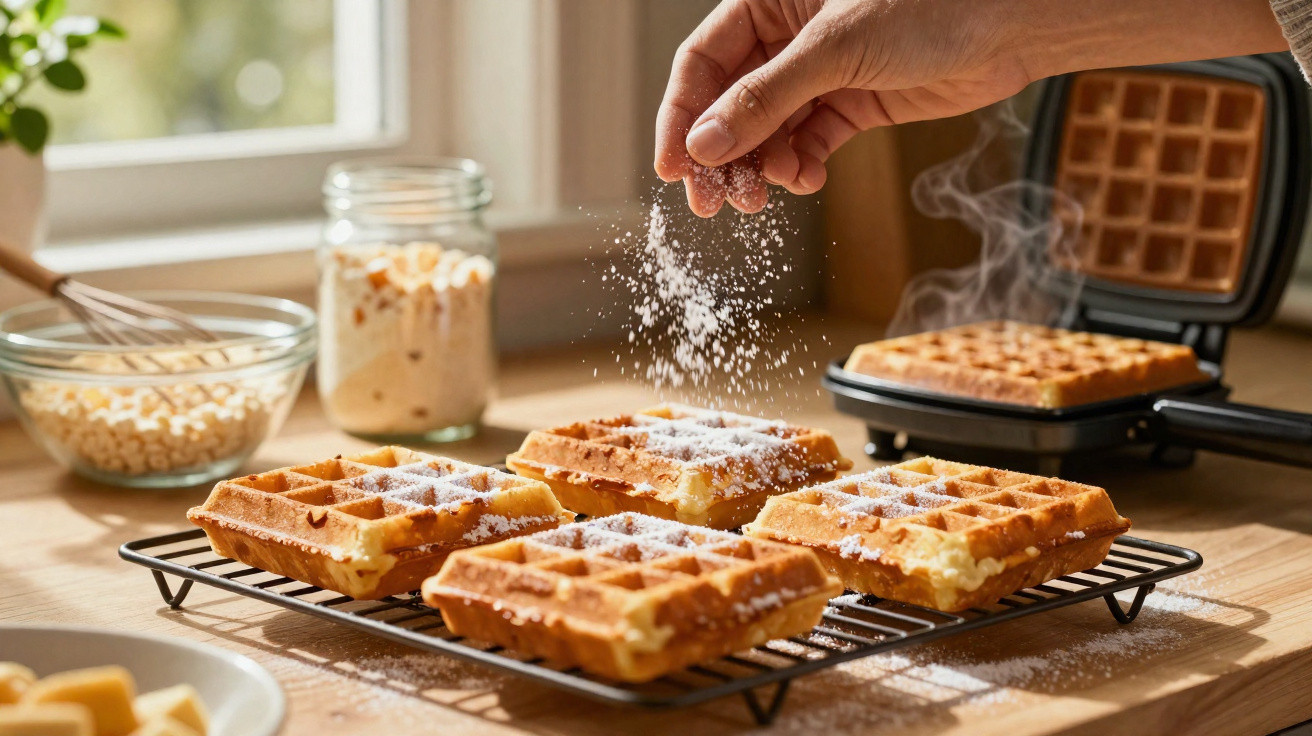 Mão a polvilhar açúcar em waffles quentes sobre grelha numa cozinha iluminada pela luz natural.