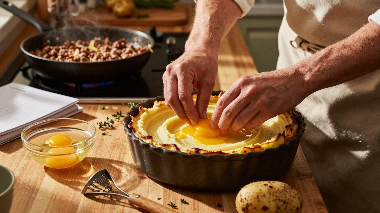 Mãos a colocar ovos numa tarte acabada de assar, com ingredientes e utensílios na bancada de madeira.