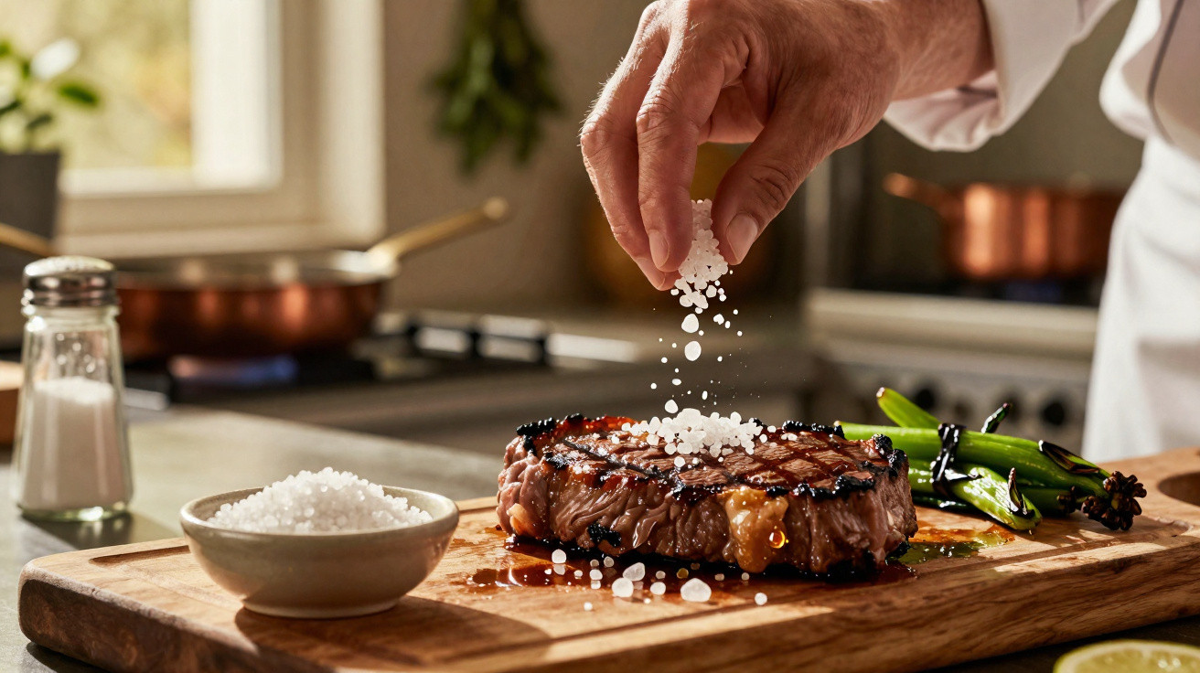 Mão a temperar bife grelhado com sal grosso numa tábua de madeira com legumes verdes.
