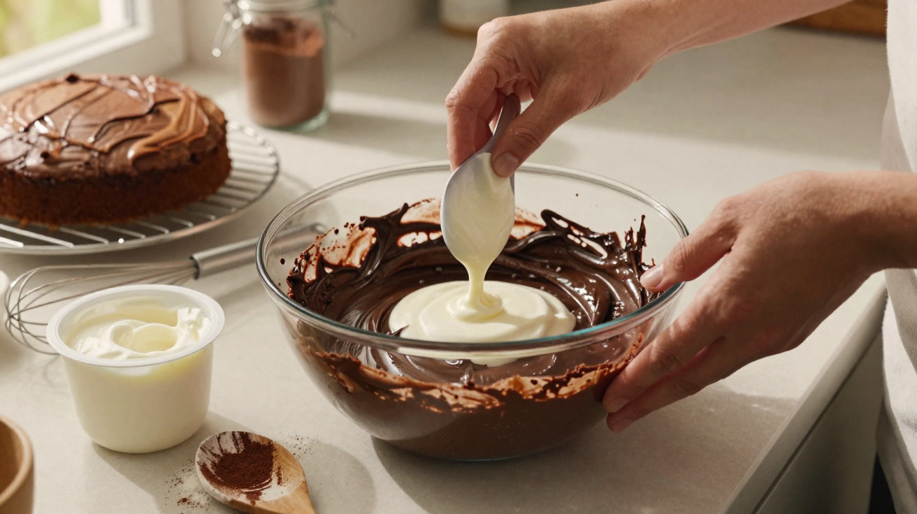 Mãos a adicionar creme branco numa taça com chocolate derretido numa cozinha com bolo de chocolate ao fundo.