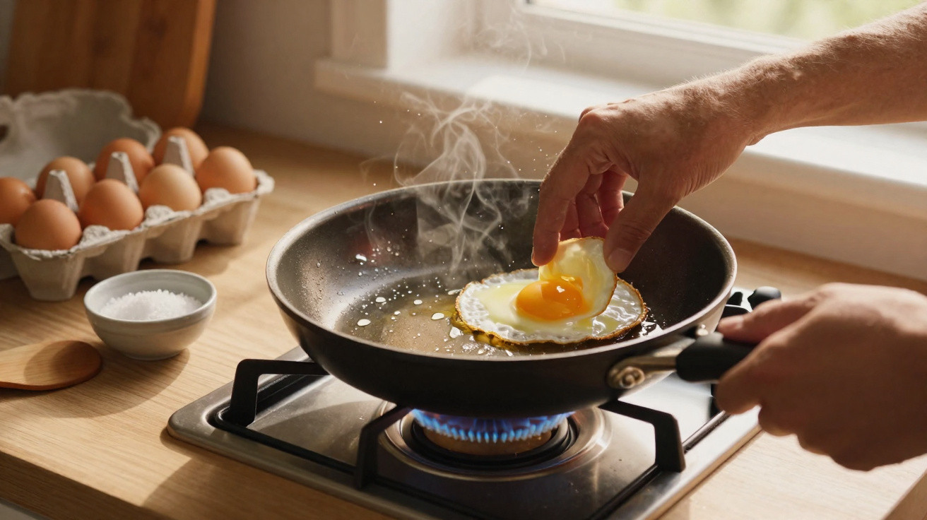 Mãos a retirar ovo estrelado a fritar em frigideira em fogão a gás numa cozinha com ovos e sal.