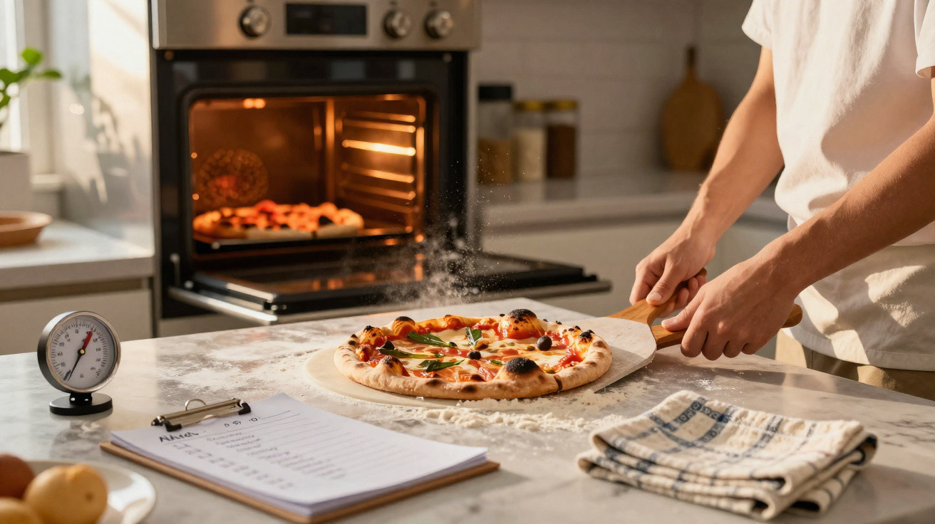 Pessoa a retirar pizza fumegante do forno numa cozinha com ingredientes, receita e toalha ao lado.