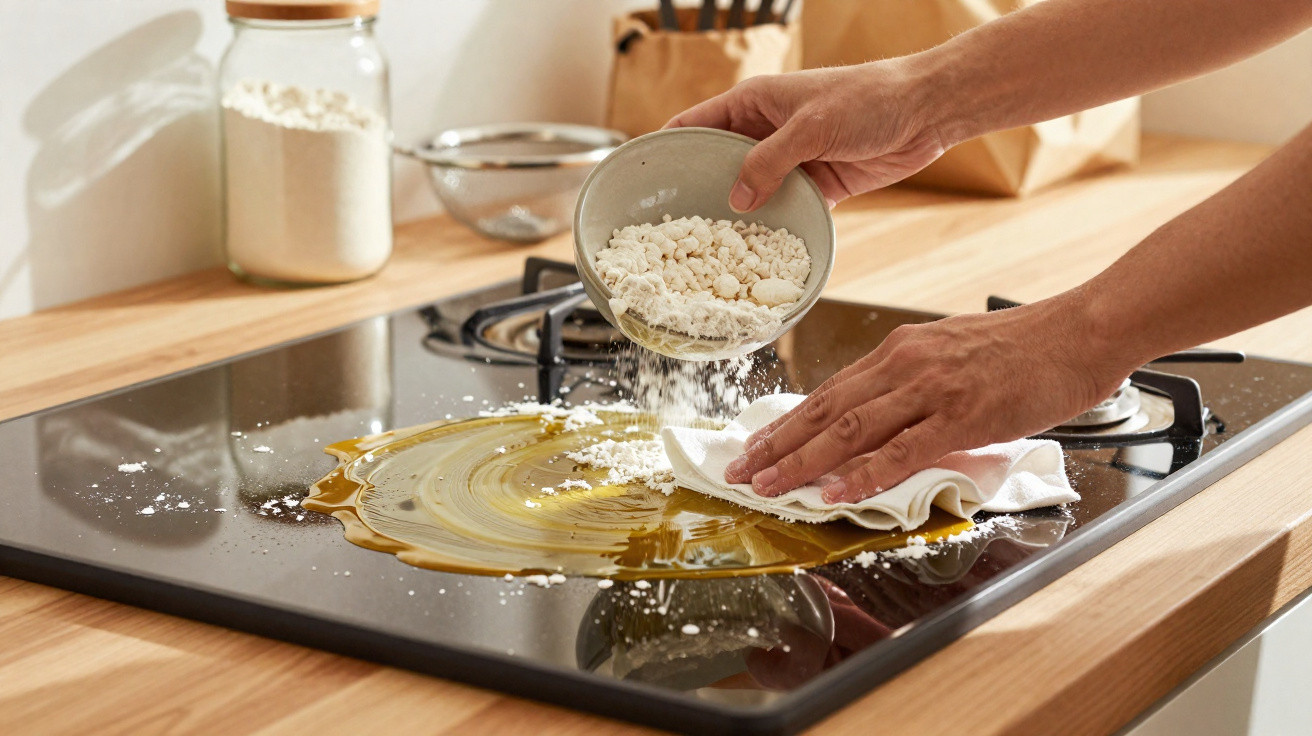 Mãos a limpar uma superfície de vidro preta com líquido derramado e farinha num balcão de cozinha em madeira.